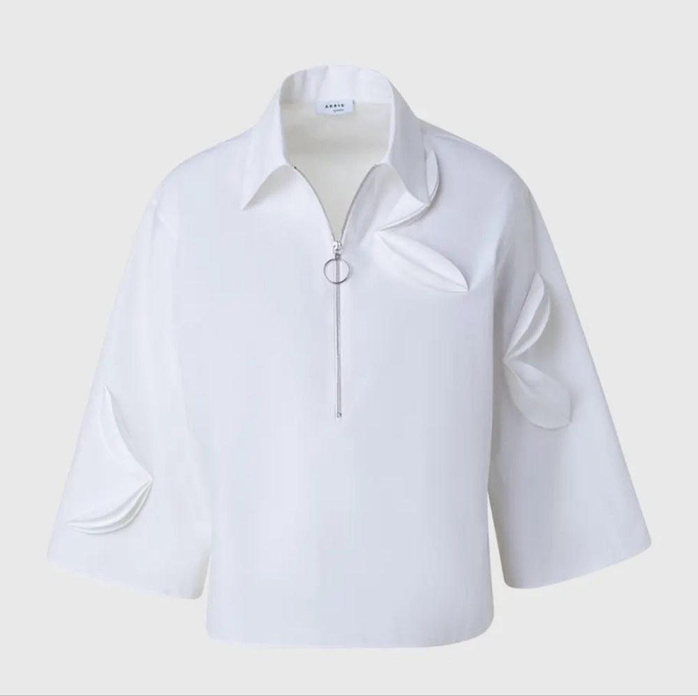 Akris , 8, White Zipper-Front Sculptural Sleeve Blouse